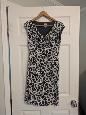 Anne Klein Navy and White Cowl Neck Midi Dress